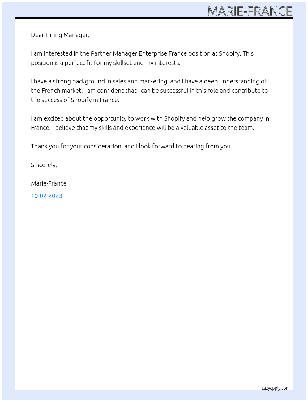 Partner Manager Enterprise France At shopify Cover Letter