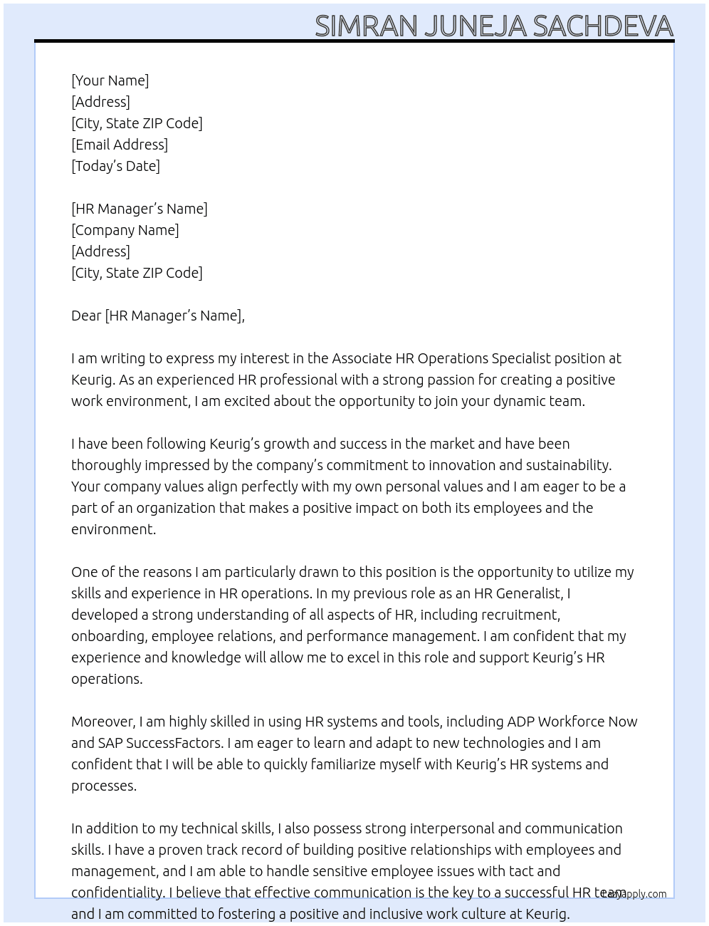 Associate HR Operations Specialist At Keurig Cover Letter