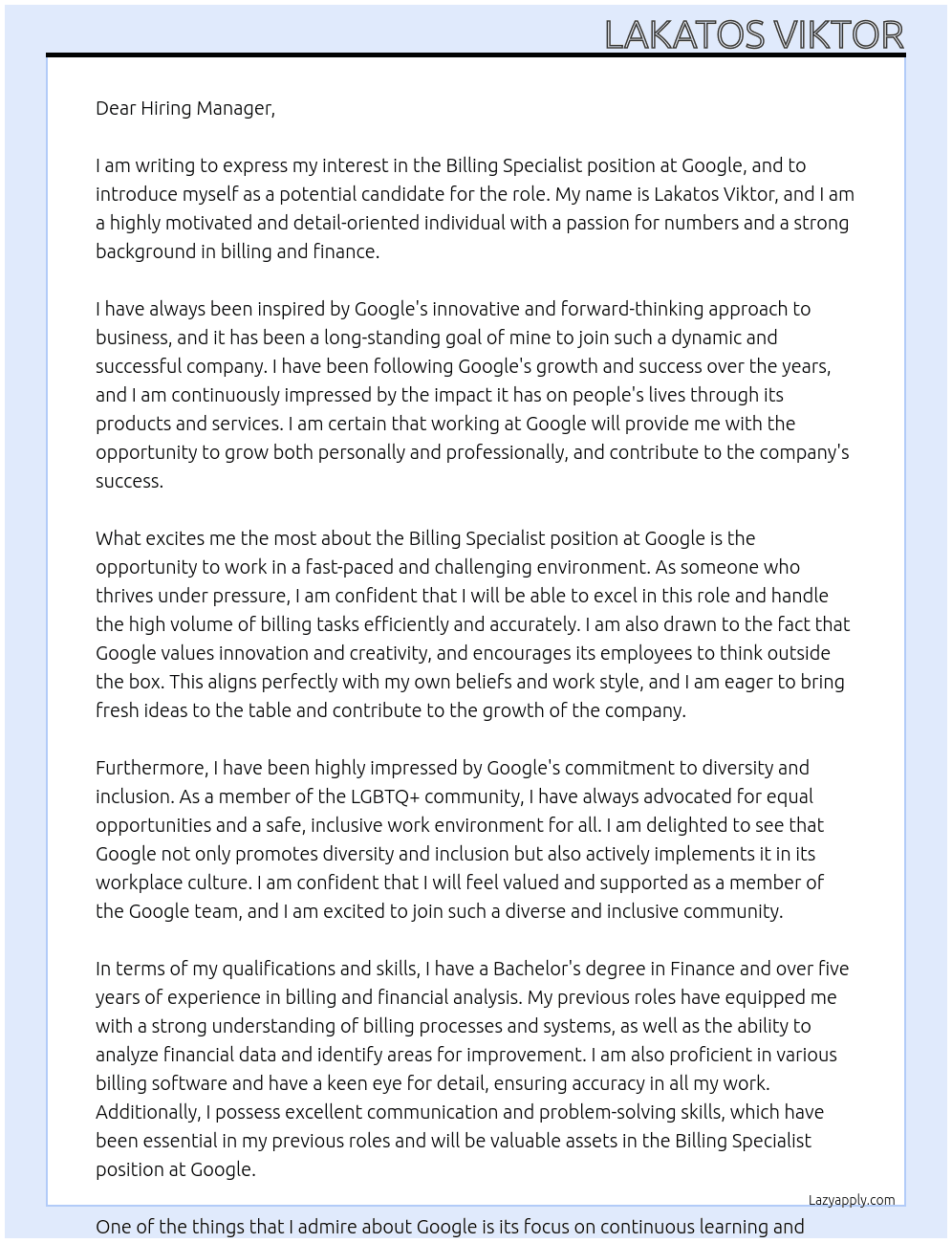 Billing Specialist At Google Cover Letter
