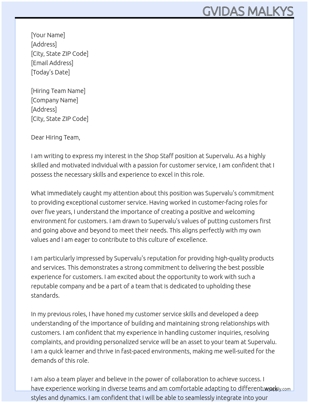 Shop staff At Supervalu Cover Letter