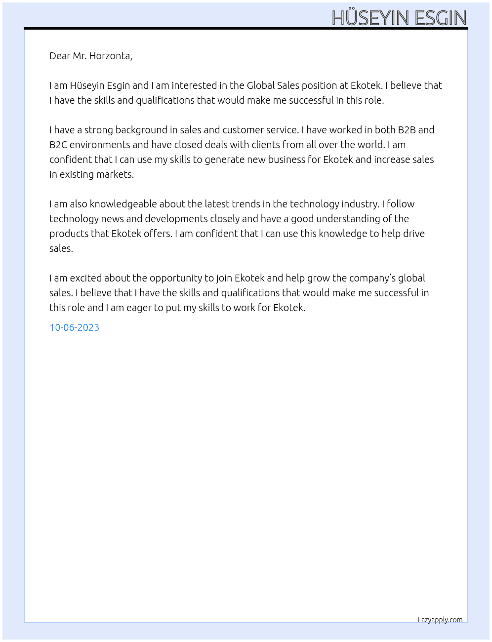 Global Sales At Ekotek Cover Letter