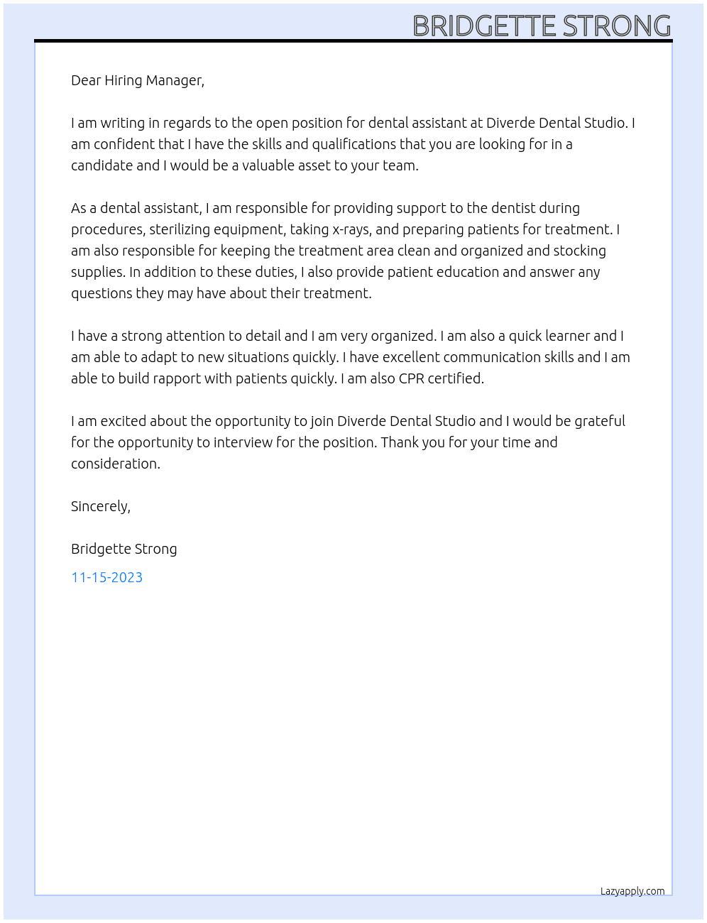 Dental Assistant At Diverde Dental Studio Cover Letter