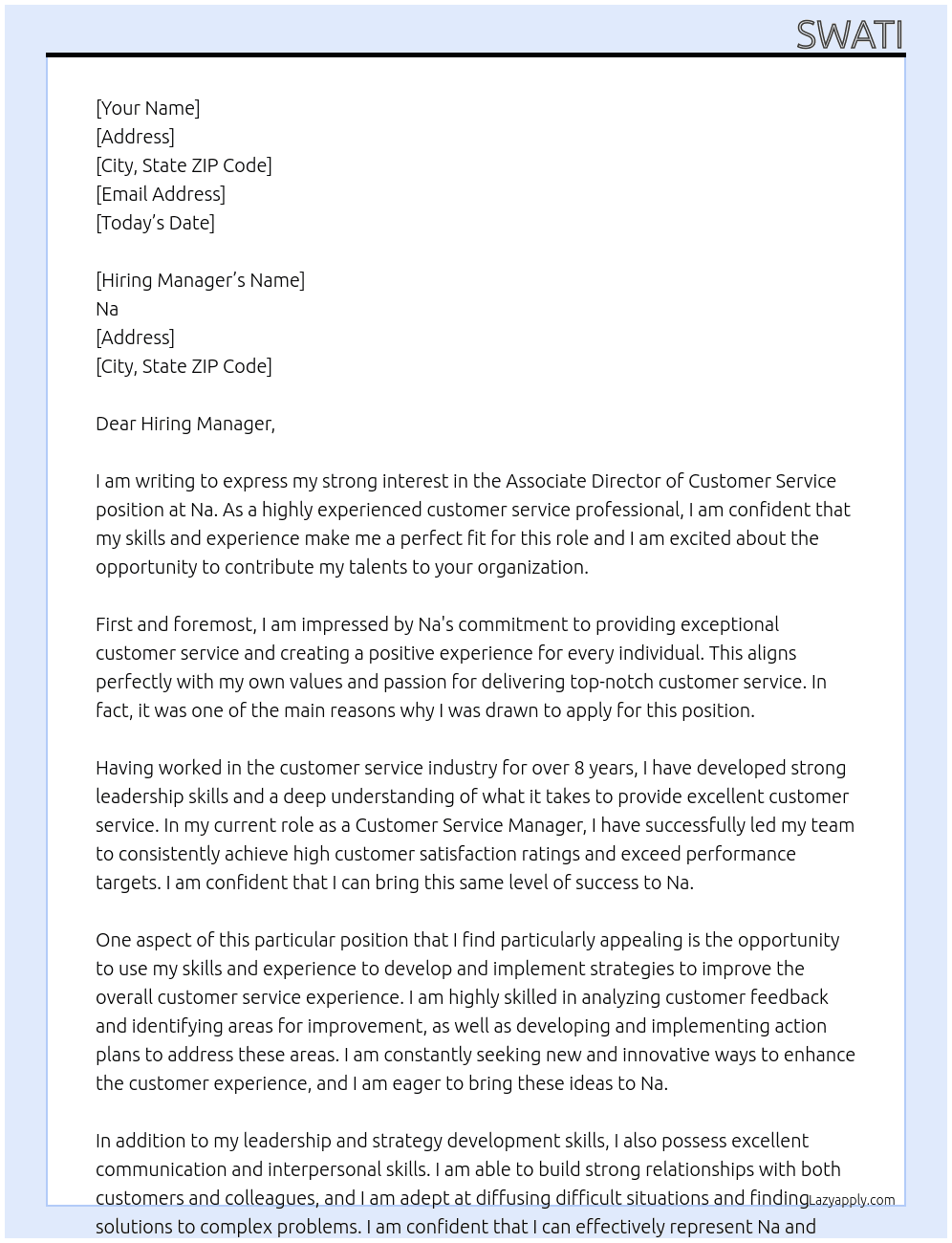 Cover letter for associate director customer service - LazyApply