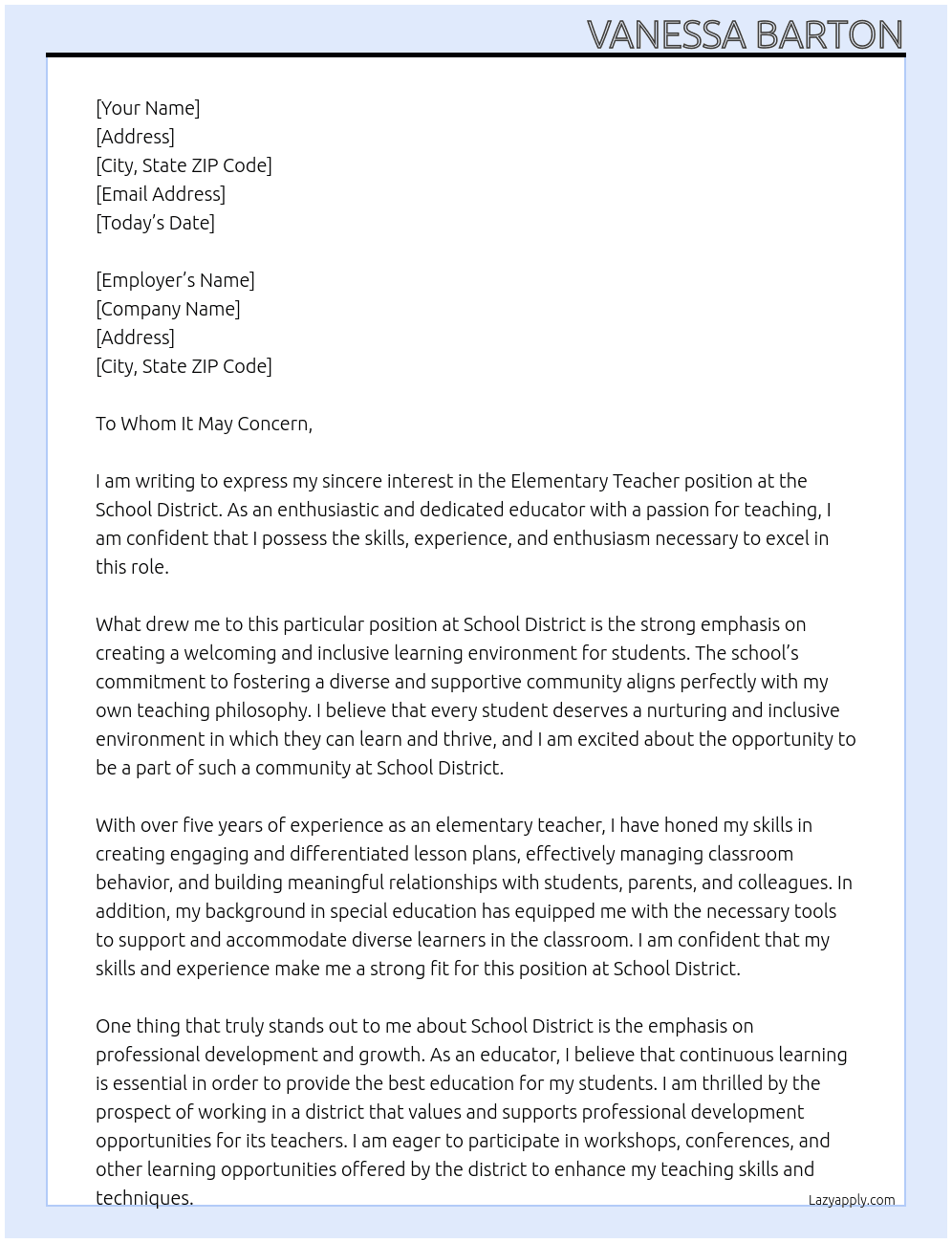 Elementary Teacher At School District  Cover Letter