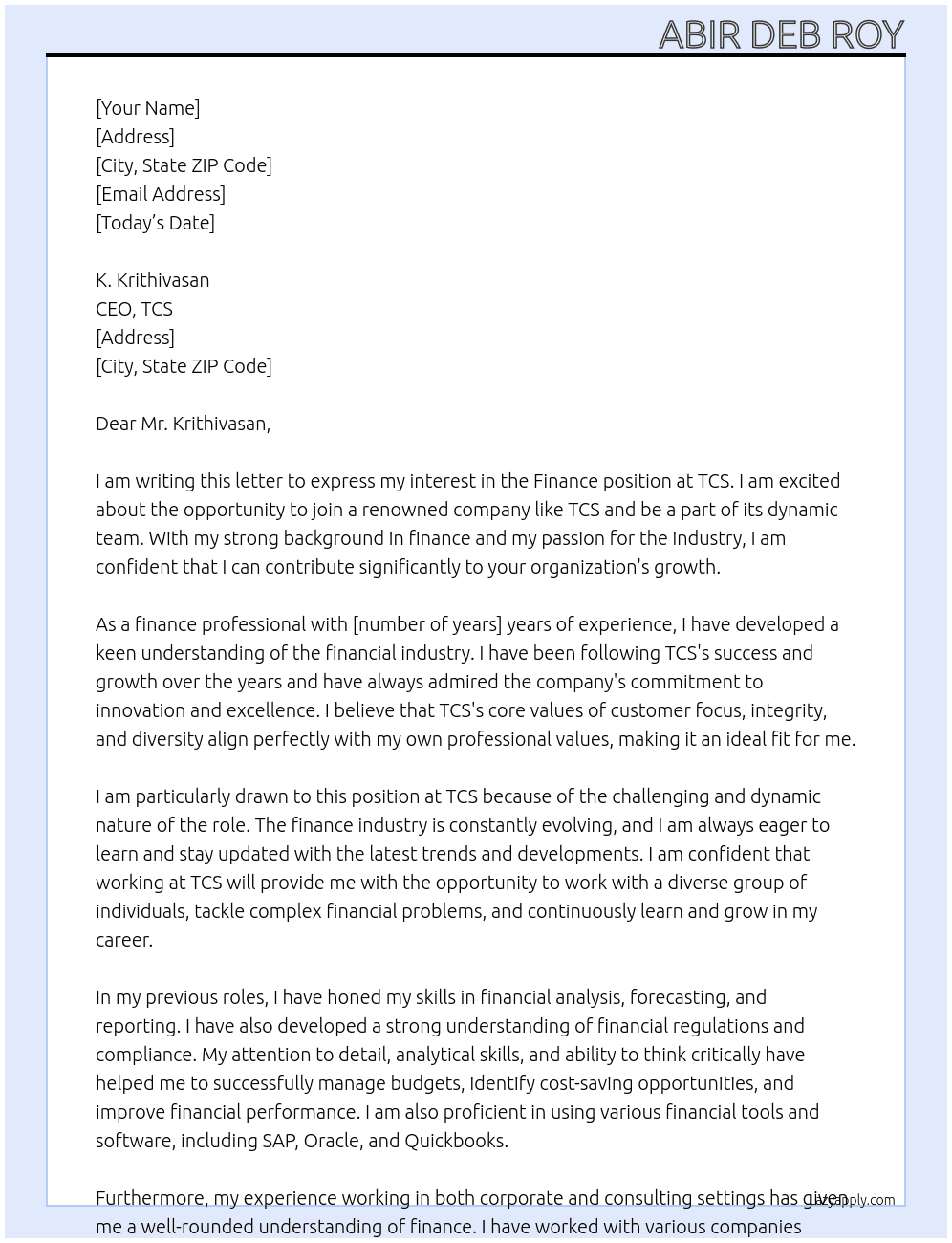 Finance At TCS Cover Letter