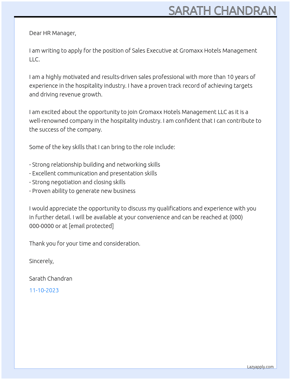 Sales Executive At Gromaxx Hotels Management LLC Cover Letter