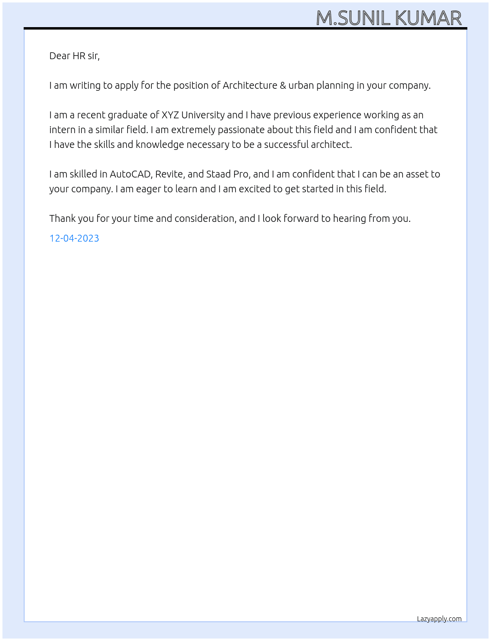 Architecture & urban planning  At Aarvee Cover Letter