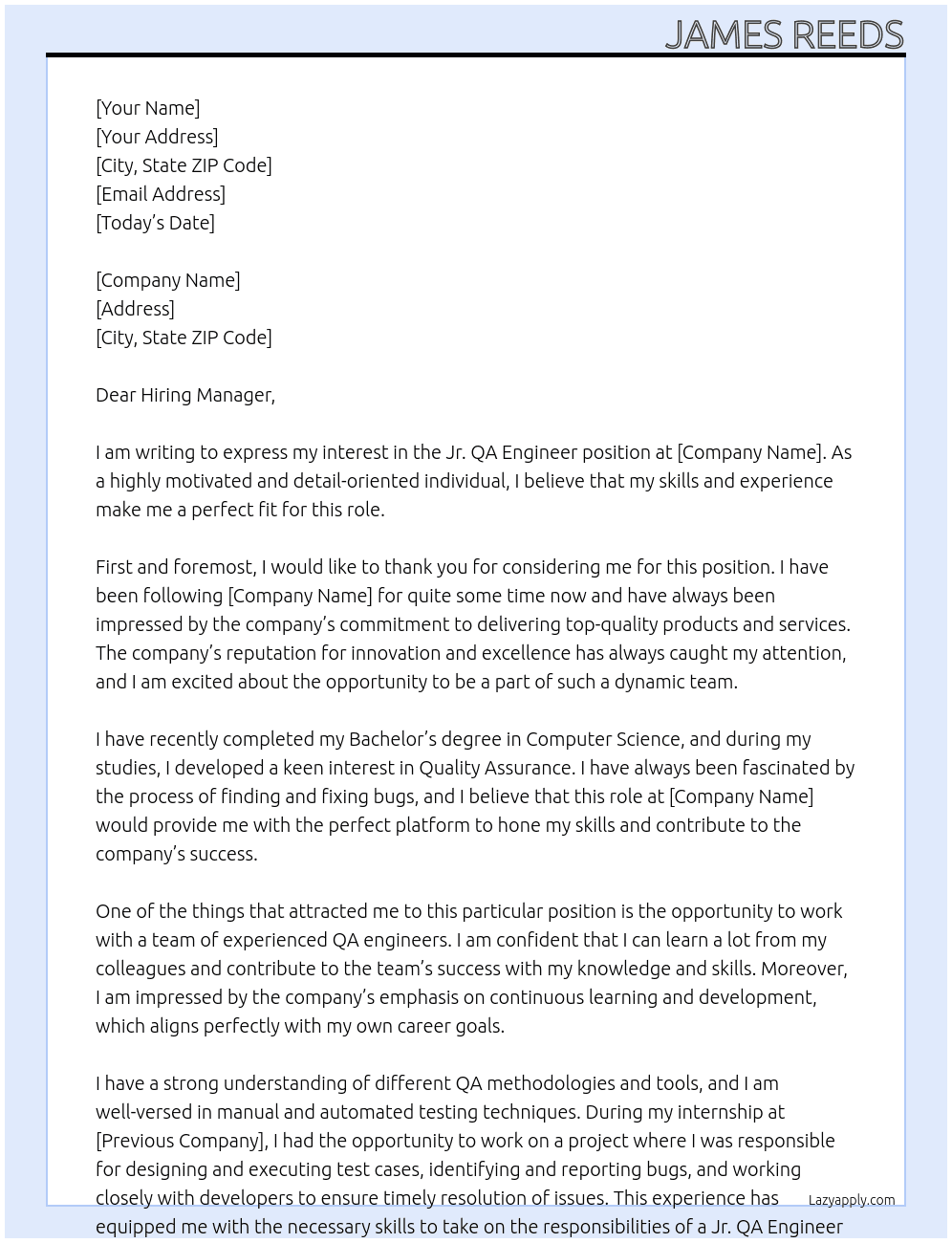 Jr. QA Engineer At Jr. QA Engineer Cover Letter
