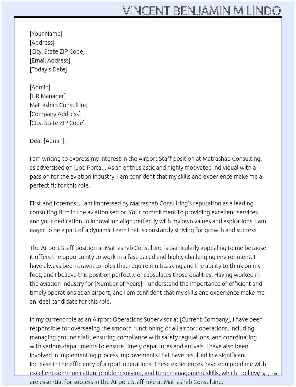 Airport Staff At Matrashab Consulting Cover Letter