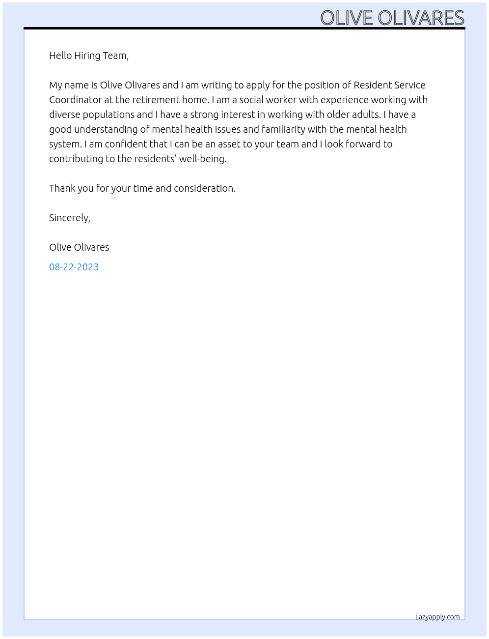 Resident Service Coordinator At retirement home Cover Letter