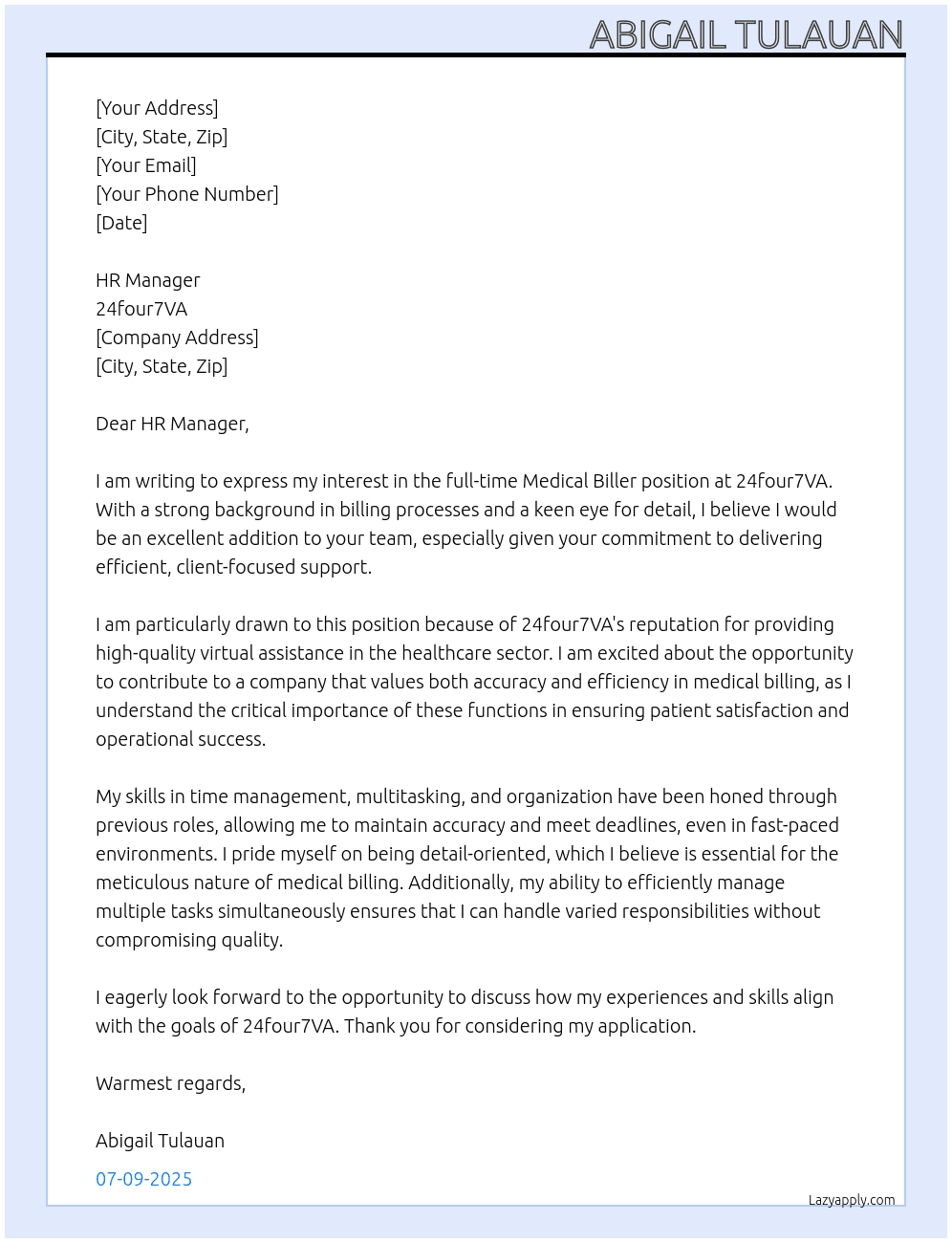Medical Biller At 24four7VA Cover Letter