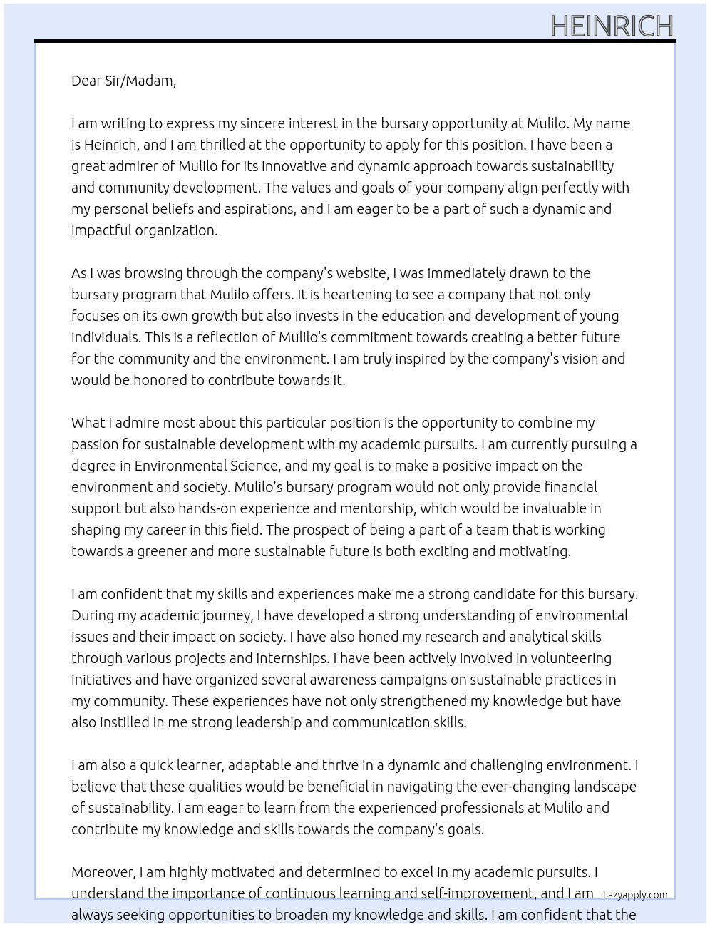 bursary application At Mulilo Cover Letter
