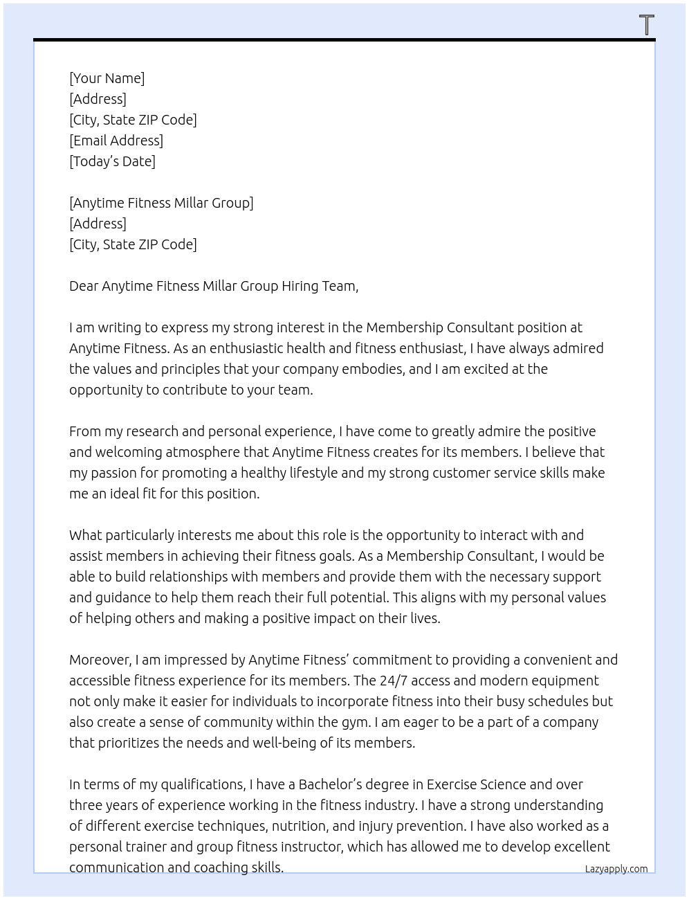 Membership Consultant At Anytime Fitness Millar Group Cover Letter