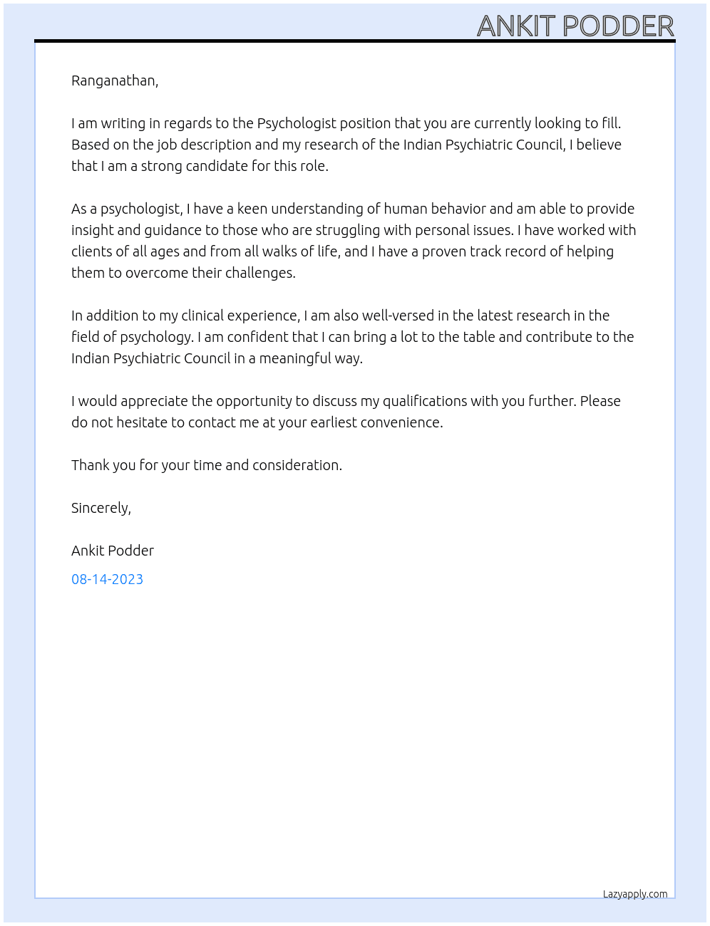 Psychologist  At Indian Psychiatric Council  Cover Letter