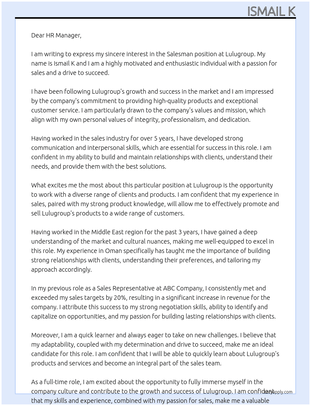 Salesman  At Lulugroup  Cover Letter