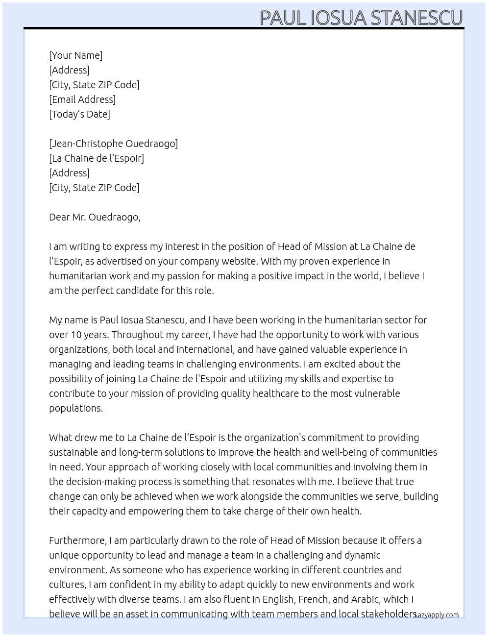 Head of Mission At La Chaine de l'Espoir Cover Letter