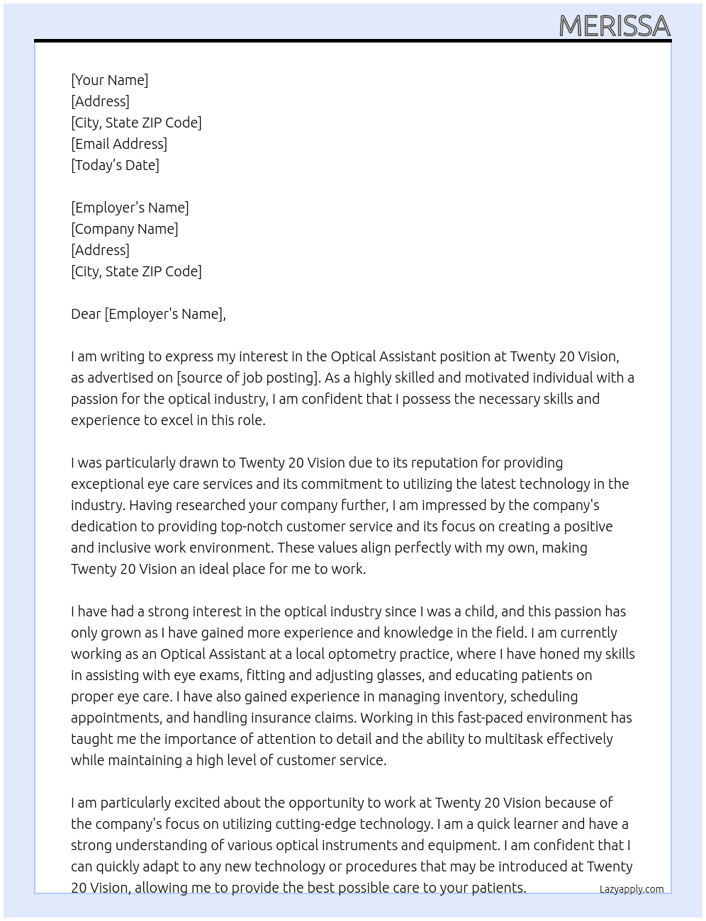 optical assistant  At Twenty 20 Vision Cover Letter