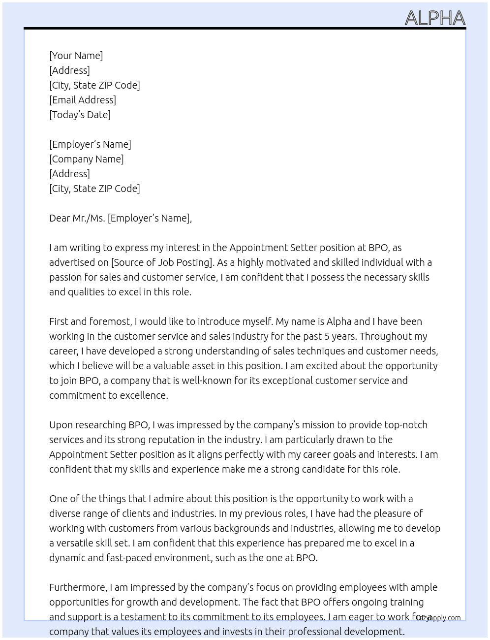 Appointment Setter At BPO Cover Letter