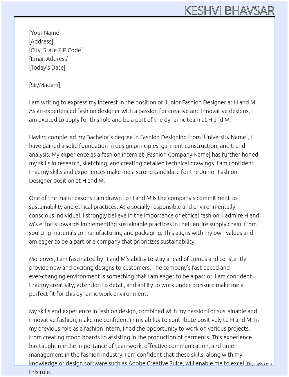 junior fashion designer At H and M Cover Letter