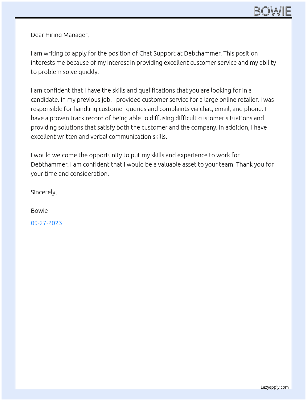 Chat Support At Debthammer Cover Letter