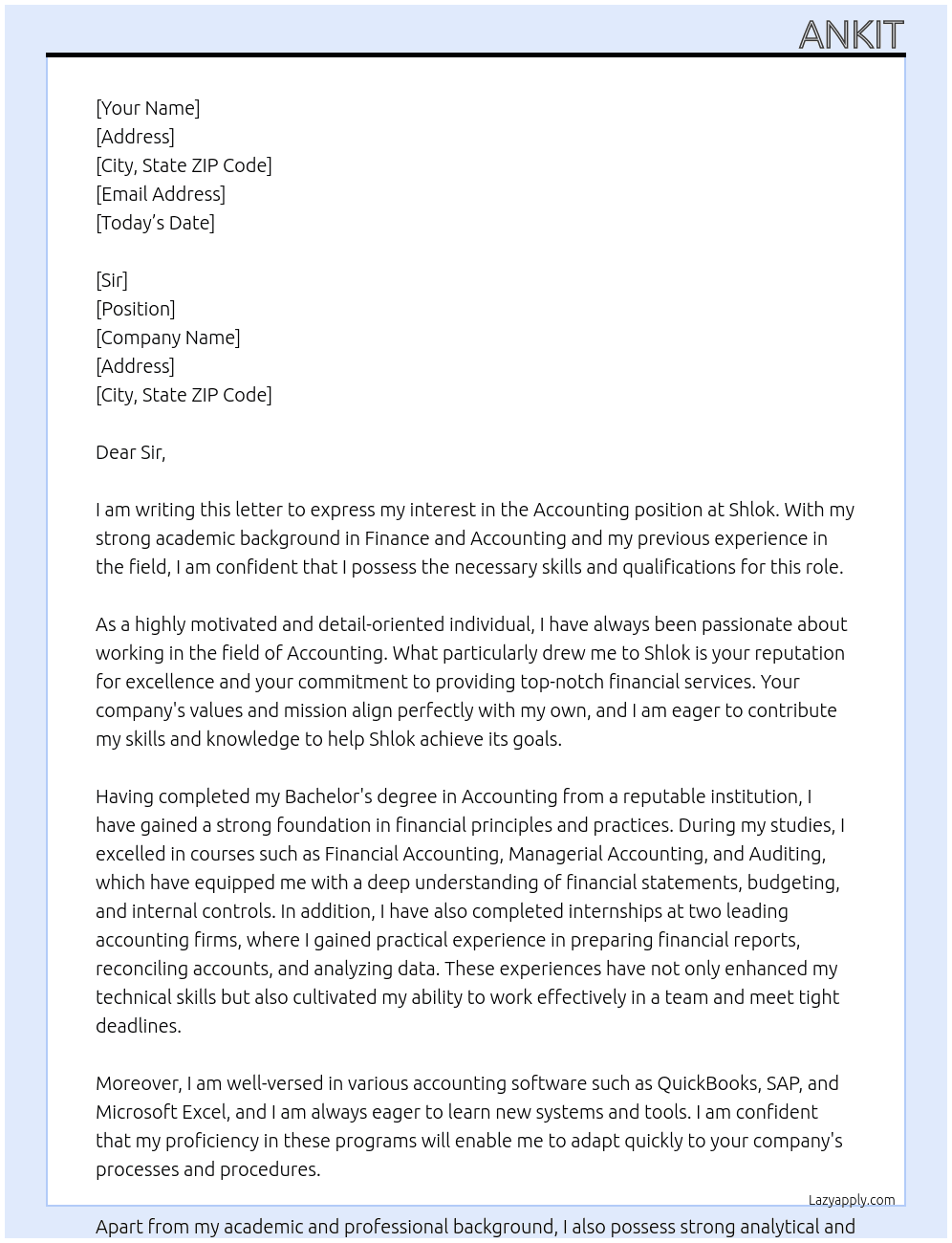 Accounting  At Shlok Cover Letter
