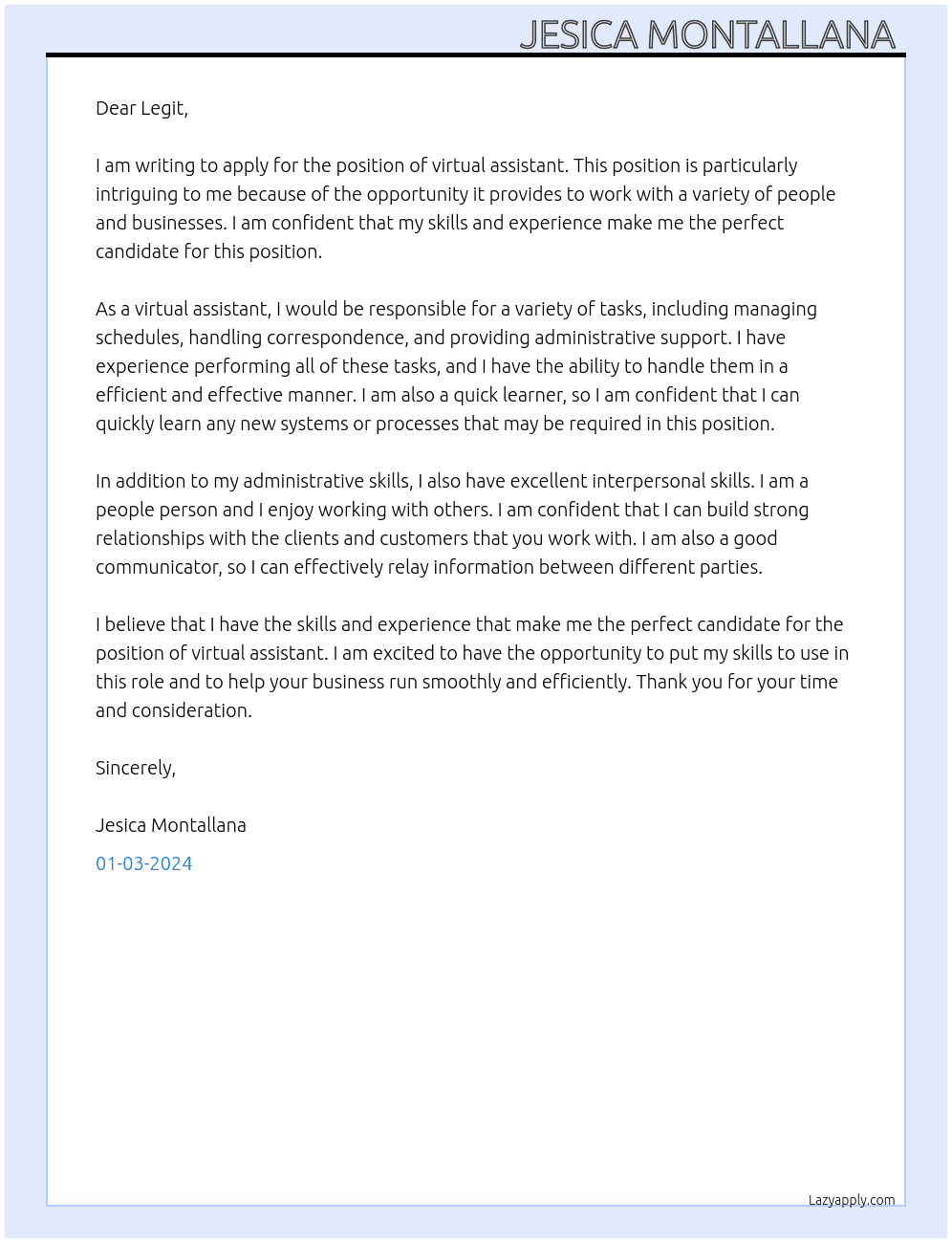 Virtual assistant  At Legit  Cover Letter