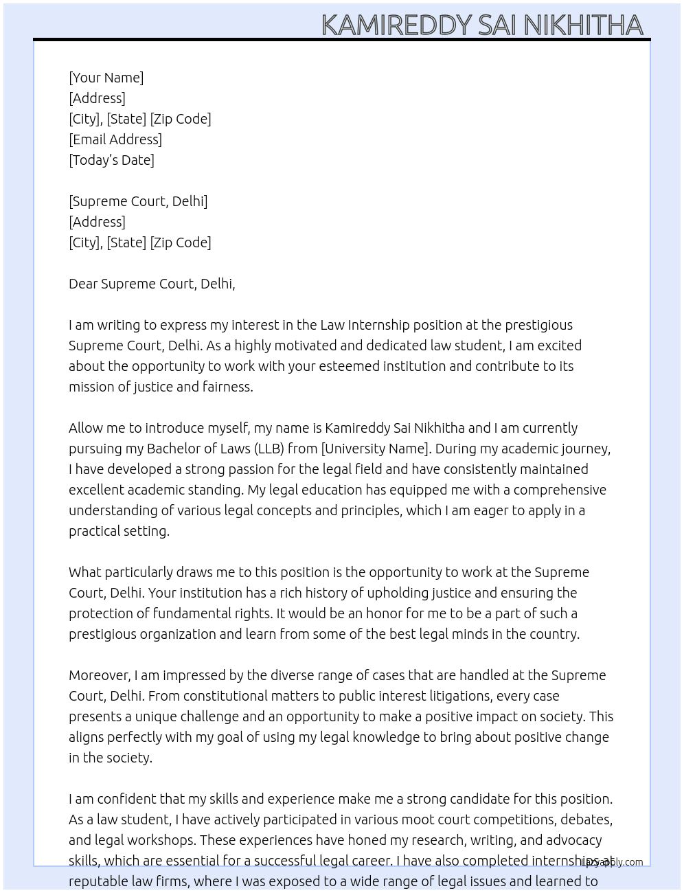 Law internship  At SupremeCourt ,Delhi Cover Letter