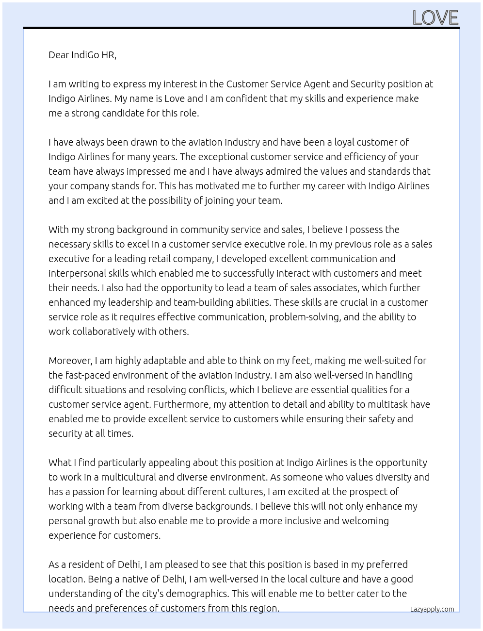 Cover letter for customer service agent and security - LazyApply