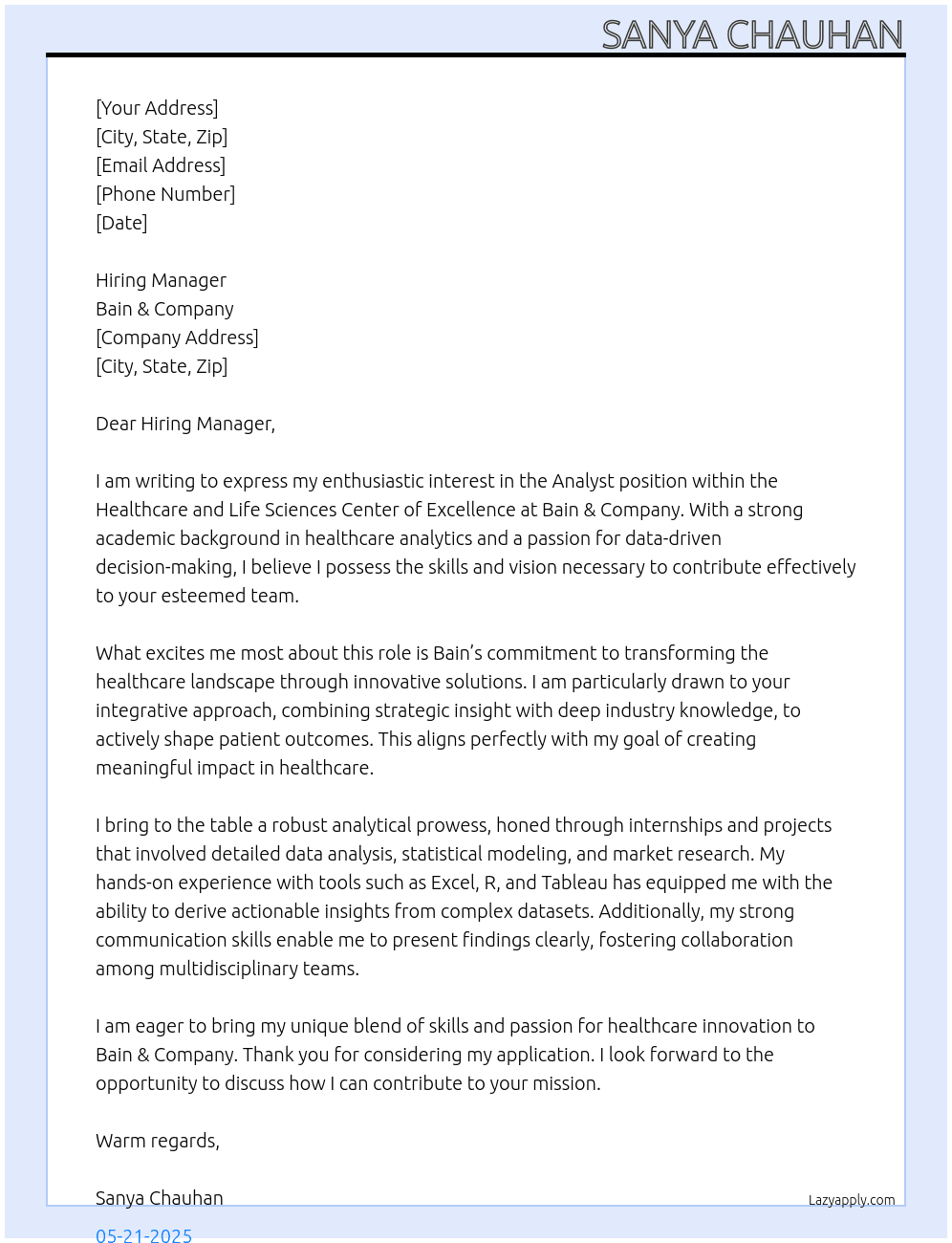 Analyst - Healthcare and Lifescience COE At Bain & Company Cover Letter