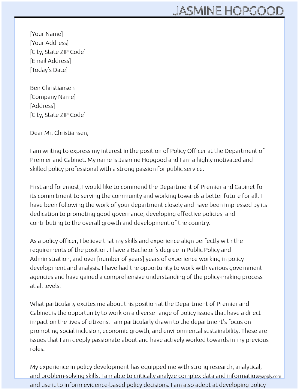 Policy Officer At Department of Premier and Cabnet Cover Letter