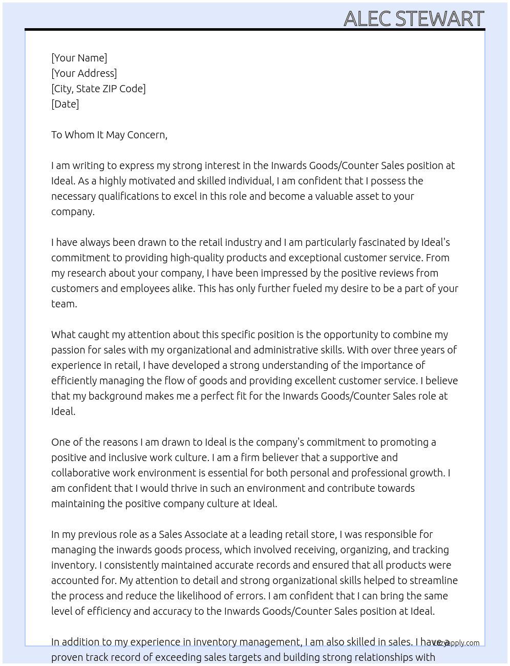 Inwards Goods/Counter Sales  At Ideal  Cover Letter
