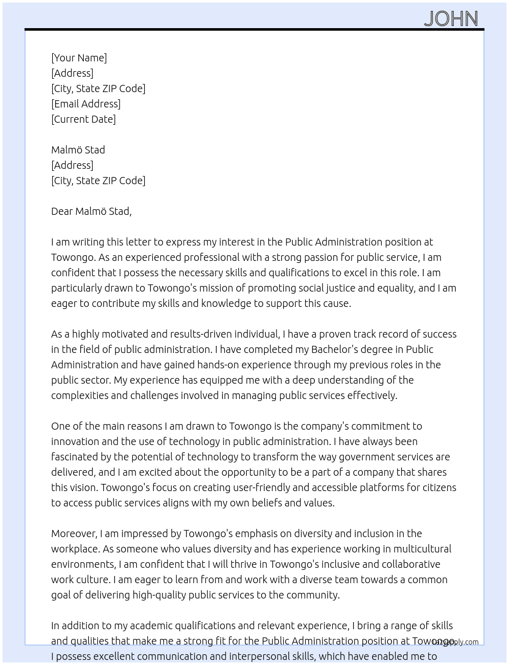 Public administration At Towongo Cover Letter