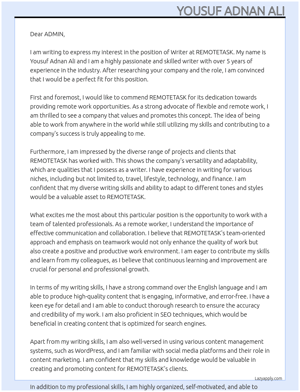WRITER At REMOTETASK Cover Letter