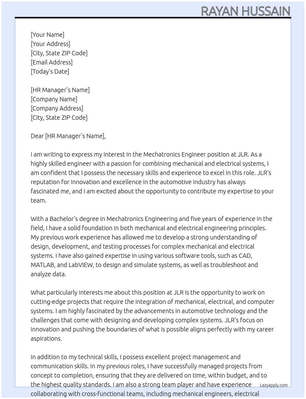 mechatronics engineer At JLR Cover Letter