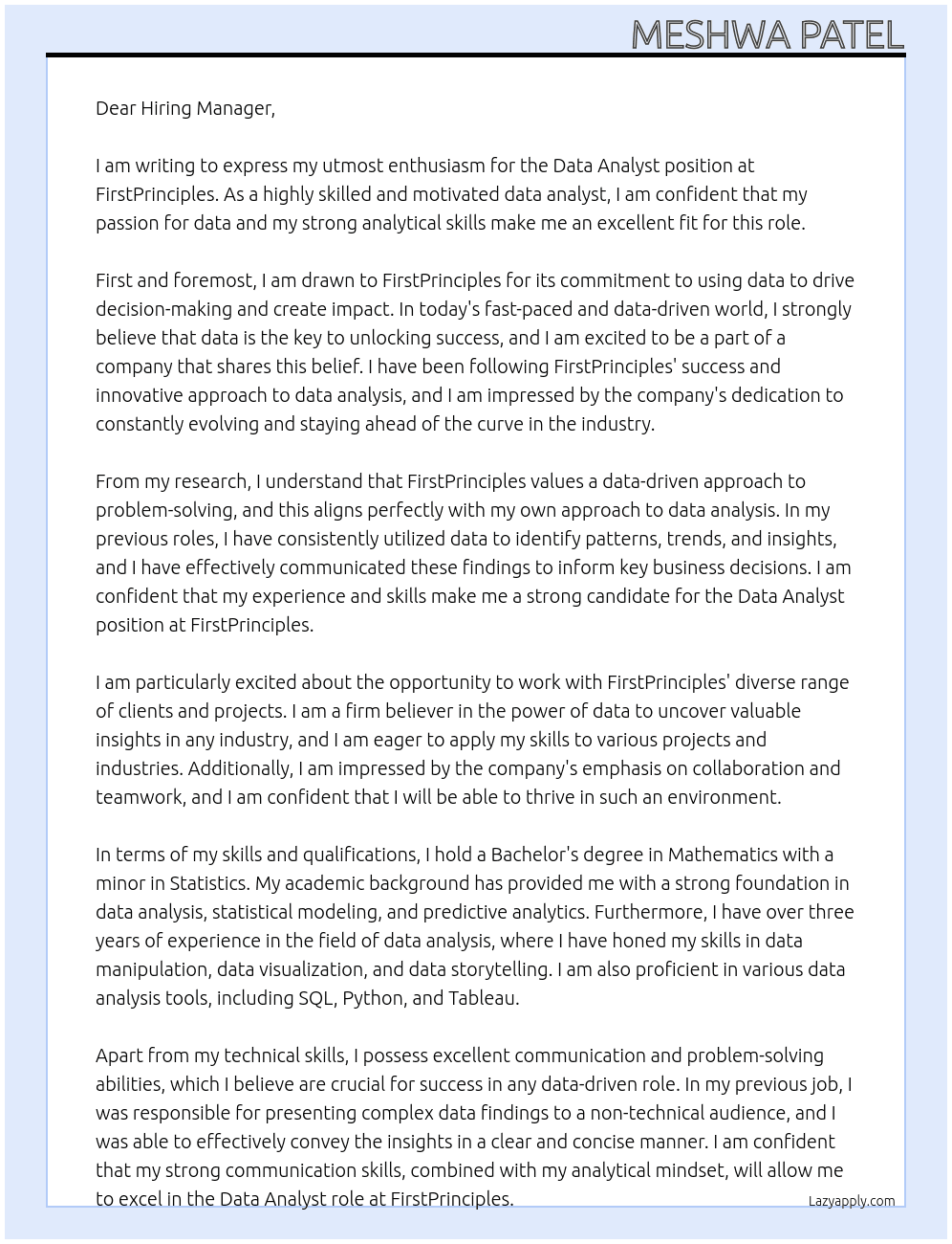 Data Analyst At FirstPrinciples Cover Letter