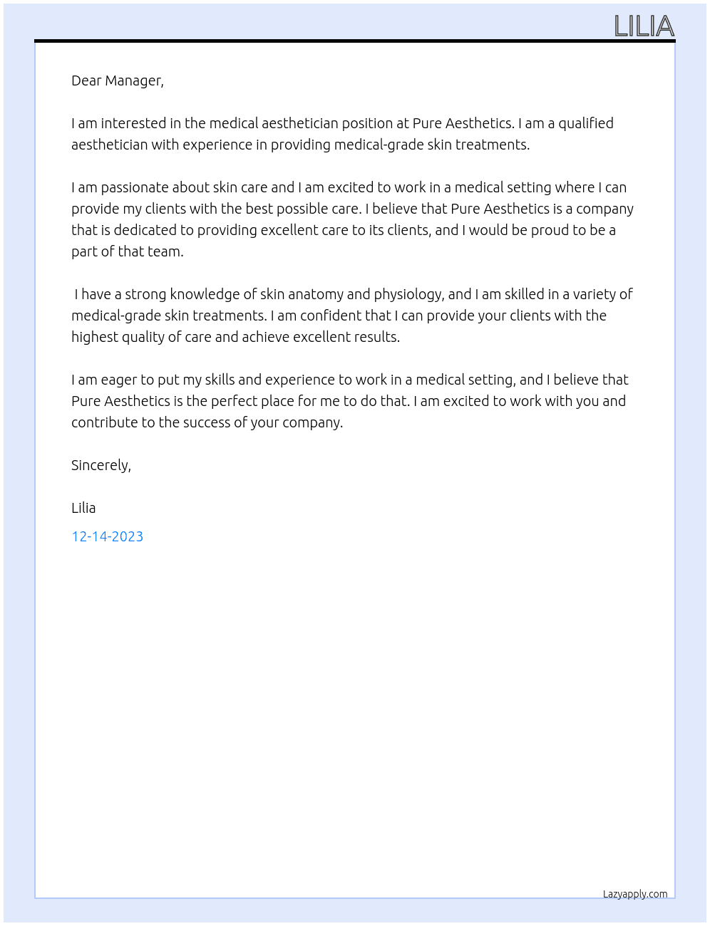 medical aesthetician At Pure Aesthetics Cover Letter