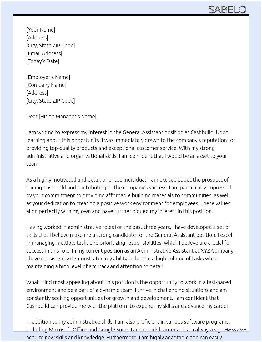 General assistant  At Cashbuild  Cover Letter