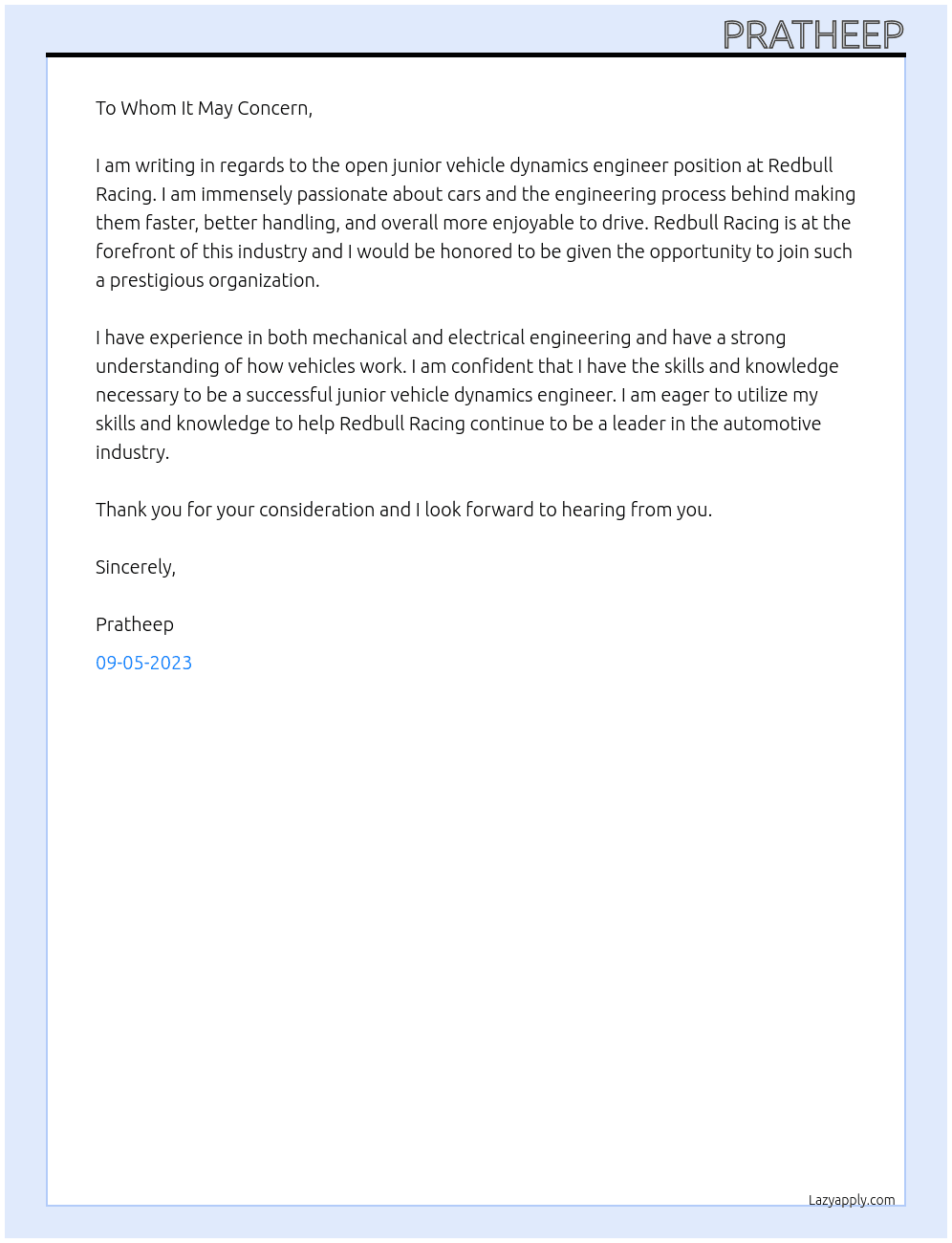 junior vehicle dynamics engineer At Redbull Racing Cover Letter