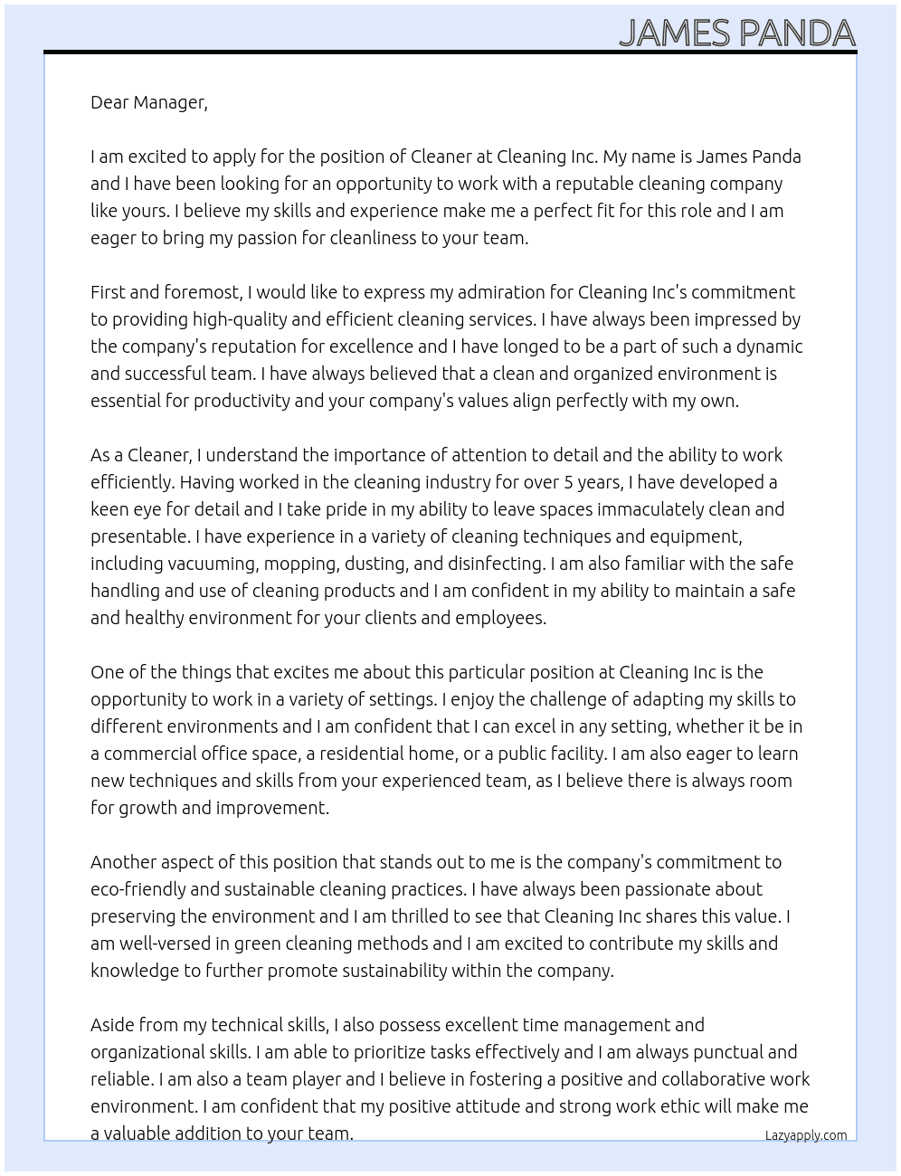 Cleaner At Cleaning Inc Cover Letter