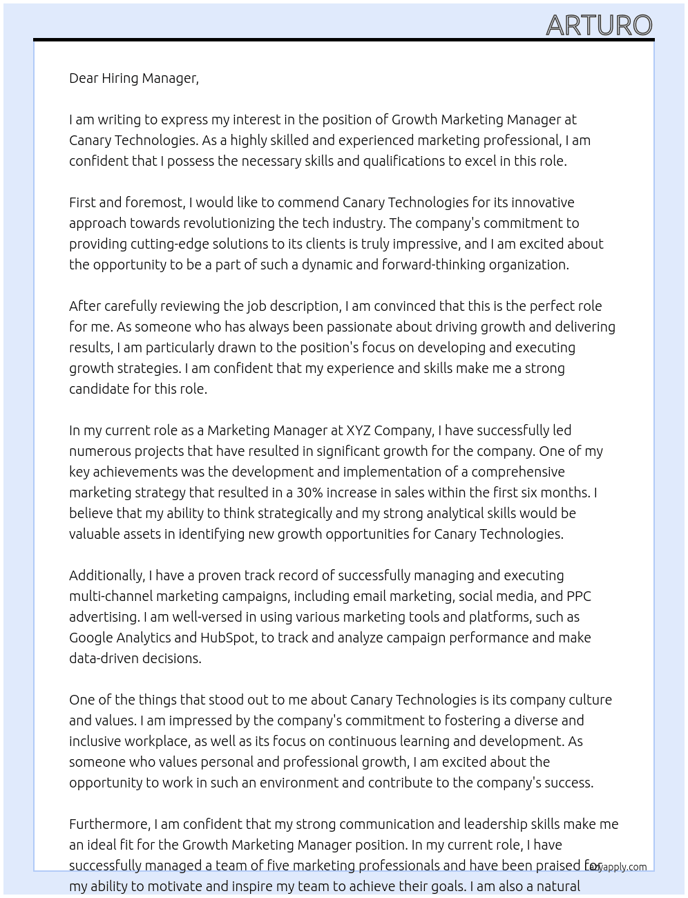 Growth Marketing Manager At Canary Technologies Cover Letter