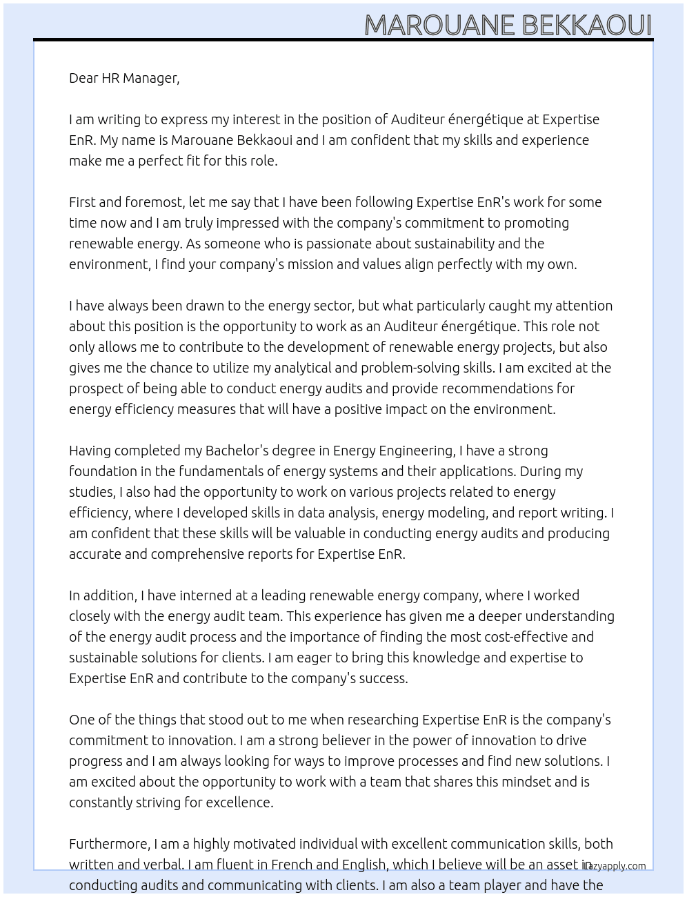Auditeur énergétique At Expertise EnR Cover Letter