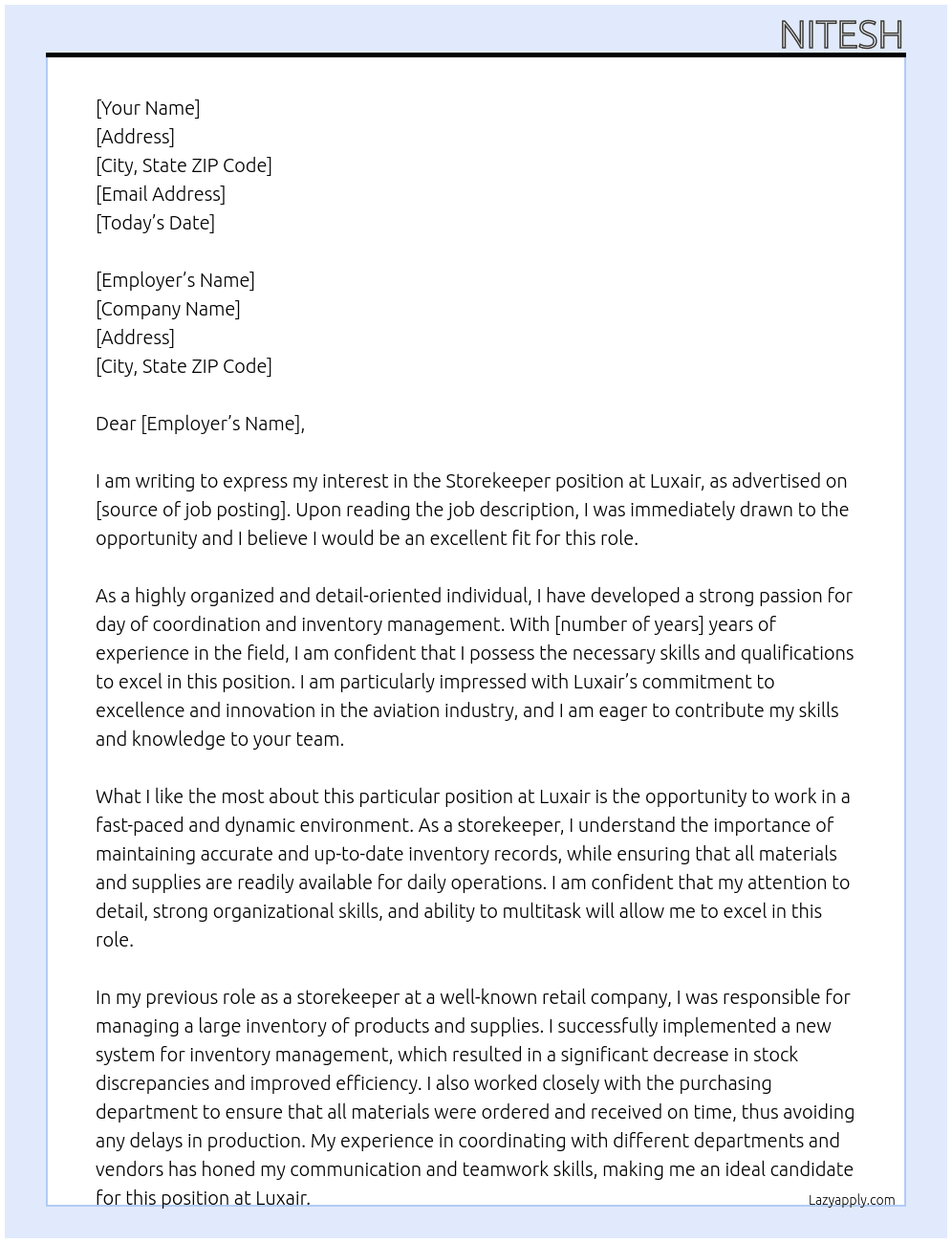 storekeeper At luxair Cover Letter