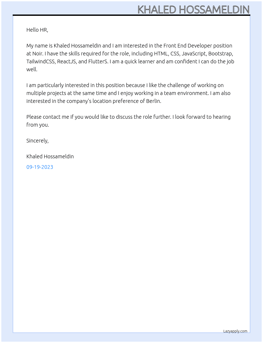 Front End Developer At Noir Cover Letter