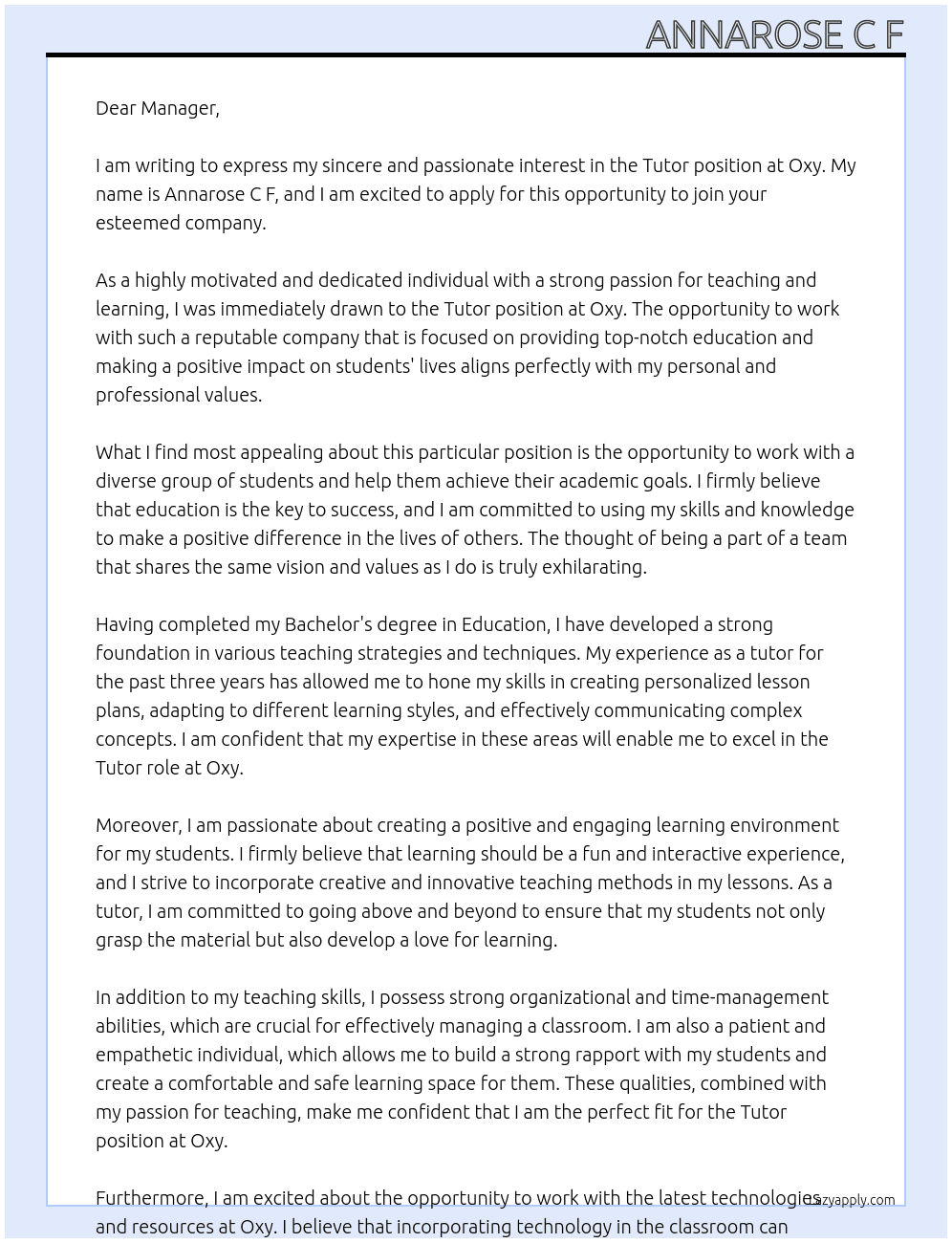Tutor  At Oxy Cover Letter