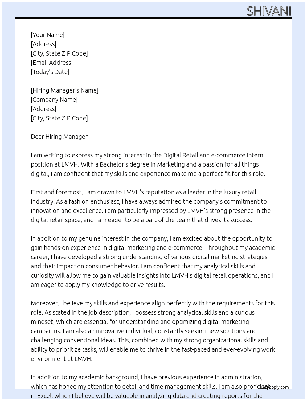 Digital Retail and e-commerce intern At LMVH Cover Letter