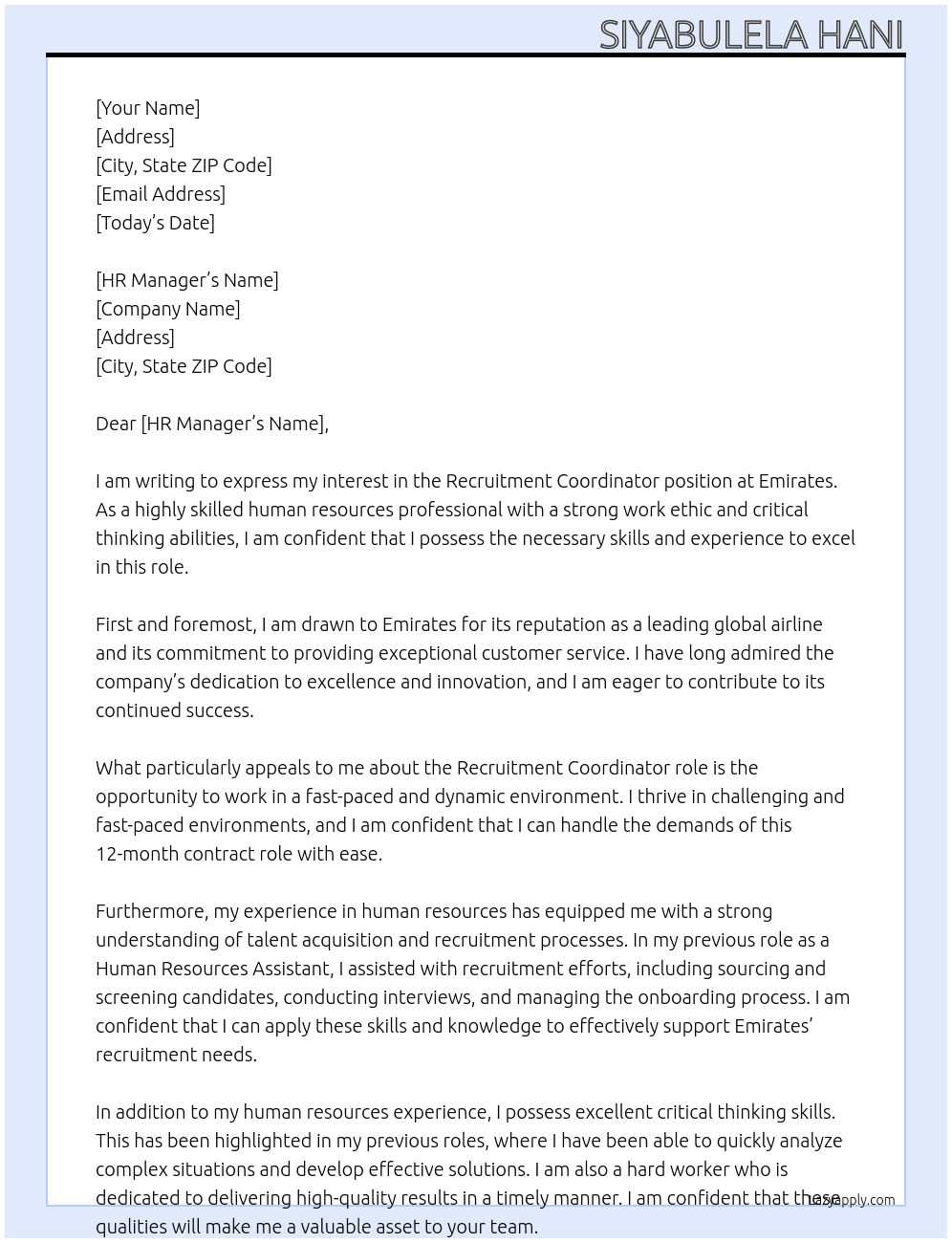 Recruitment Coordinator At Emirates Cover Letter
