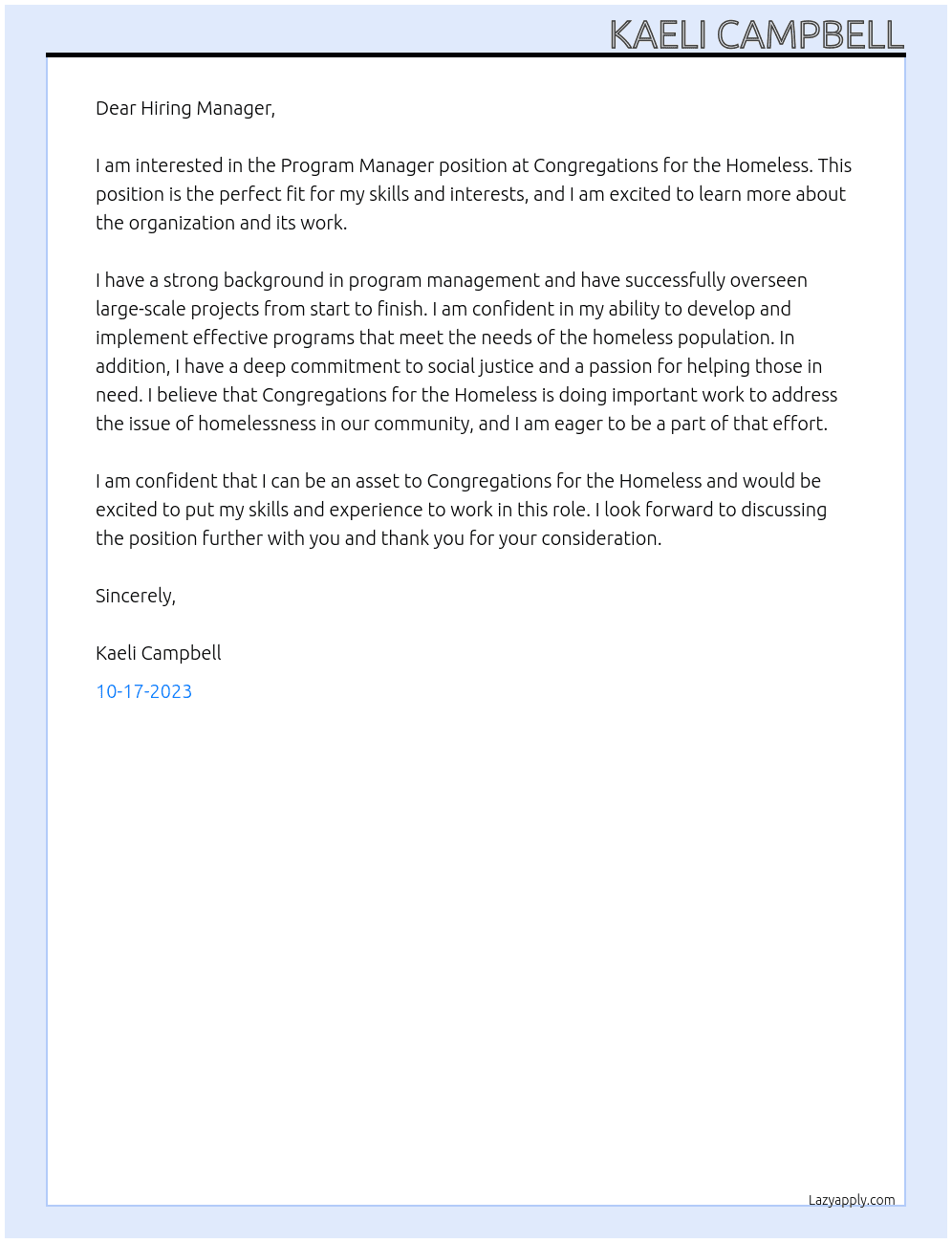 Program manager At Congregations for the Homeless Cover Letter