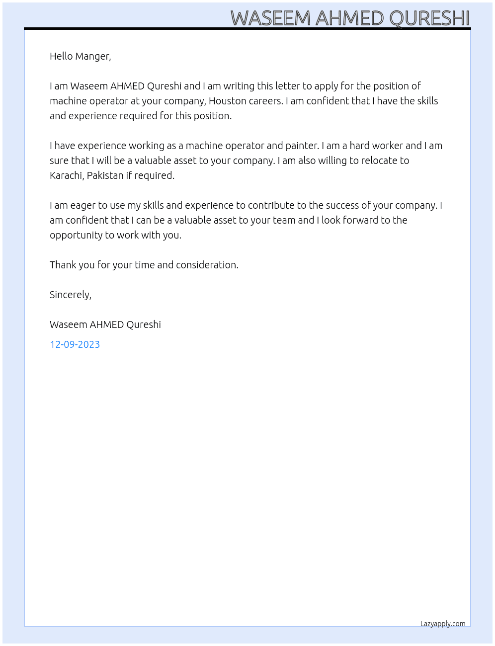 Machine operator  At Houston careers  Cover Letter