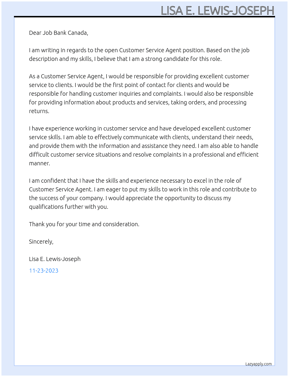 Customer Service Agent At Job Bank Canada Cover Letter