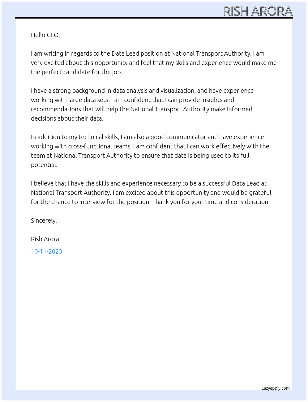 Data Lead At National Transport Authority Cover Letter